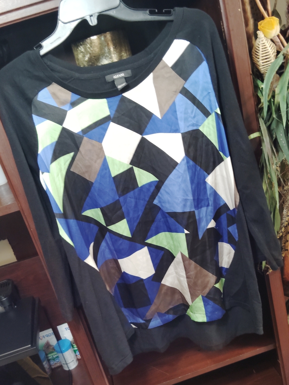 Alfani Black Crewneck Sweater with Blue, Green & Brown Geometric Print
